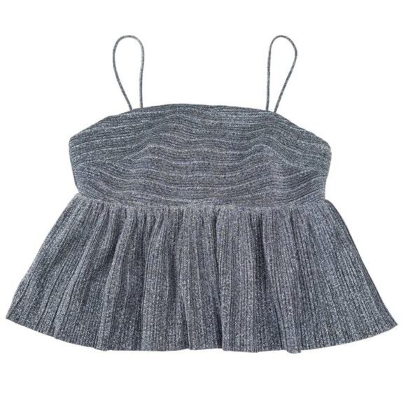 STORIA Metallic Silver Ruffle Baby Doll Top Sz Medium - Picture 2 of 6